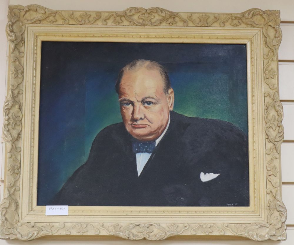 JHGP, oil on board, Portrait of Winston Churchill, initialled and dated 65, 39 x 49cm